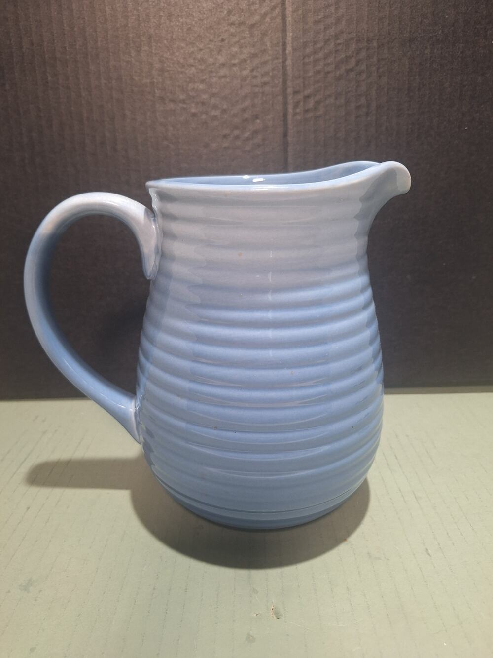 Hausenware Blue Ribbed Ceramic Pitcher Vase 8” Farmhouse Cottage Decor